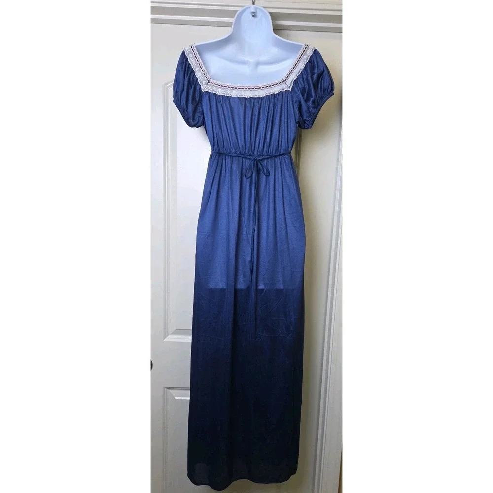 Vtg‎ 70s Dark Romantic Long Nightgown Nylon Lace Bows Off Shoulder Puff Sleeve M
